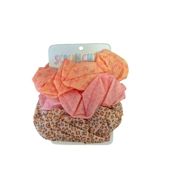 Set Of 3 Scrunchies Leopard & Heart Patterns Pink & Orange Hair  By Talking Out - Picture 3 of 5